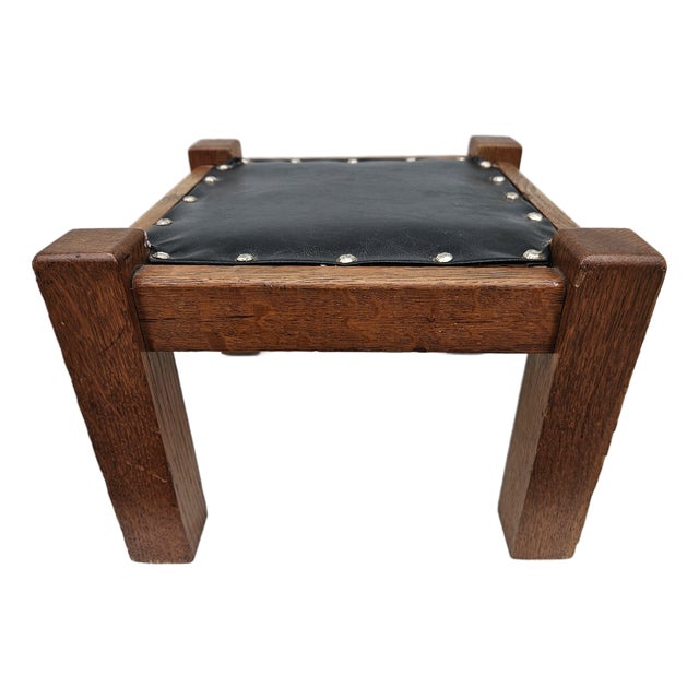 Square Mission Arts and Crafts Black Leather and Oak Footstool For Sale
