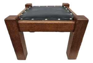 Square Mission Arts and Crafts Black Leather and Oak Footstool