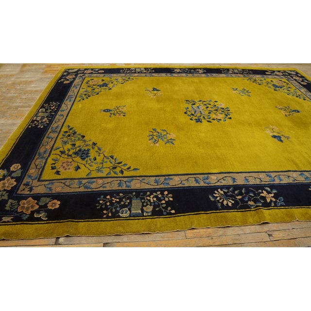 Textile 1920s Antique Gold Background Floral Art Deco Knotted Wool Chinese Peking Rug For Sale - Image 7 of 12