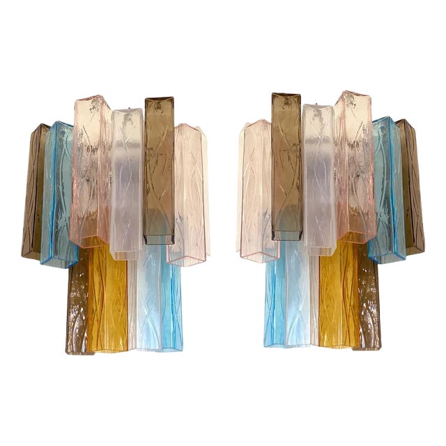 Multicolored Squared Murano Glass Wall Sconces, Set of 2 For Sale