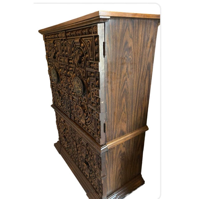 Mid Century Dated 1973 Ornate Barwick Furniture Hollywood Regency Spanish Armoire Dresser For Sale - Image 4 of 8