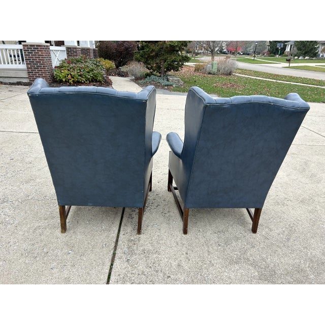 1970s Mid-Century Chesterfield Wingback Chairs, a Pair - Tufted Blue Faux Leather With Nailhead Detailing For Sale - Image 5 of 11