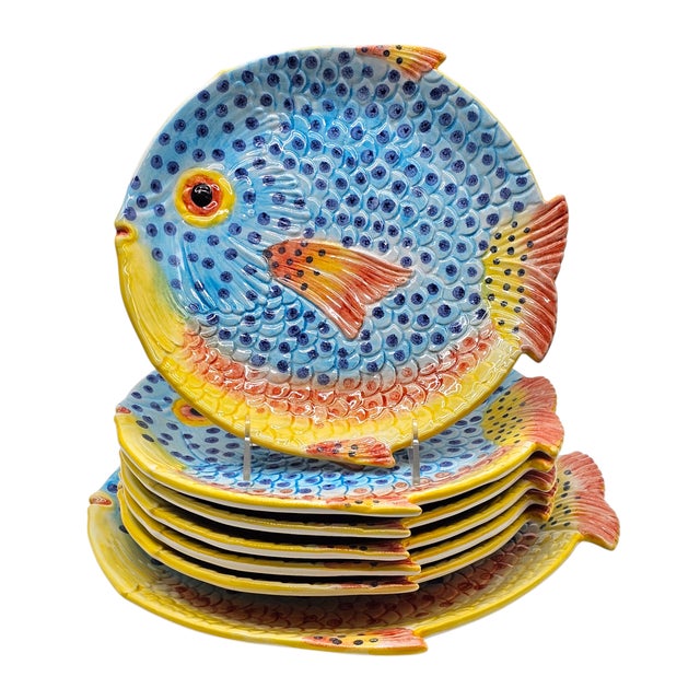 Hand Painted Majolica Zanolli Italian Fish Plates & Platter Set of 6 For Sale - Image 11 of 16