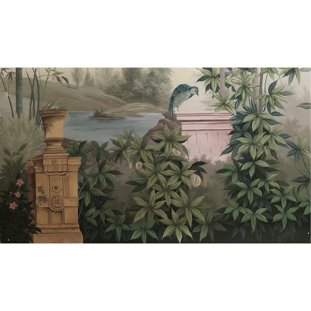 Neoclassical 36" * H96" * 2ps, Hand-Painted Morandi Misty Classical Garden Tropical Bird & Foliage Wall Mural, Neoclassical Tropical Landscape Mural For Sale - Image 3 of 5