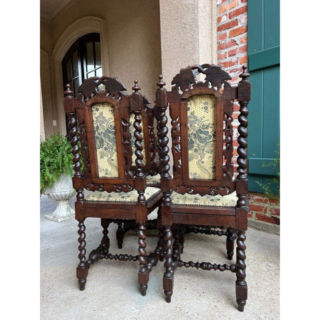 Set 4 Antique French Dining Chairs Barley Twist Renaissance Carved Oak Green 1900 For Sale - Image 11 of 18