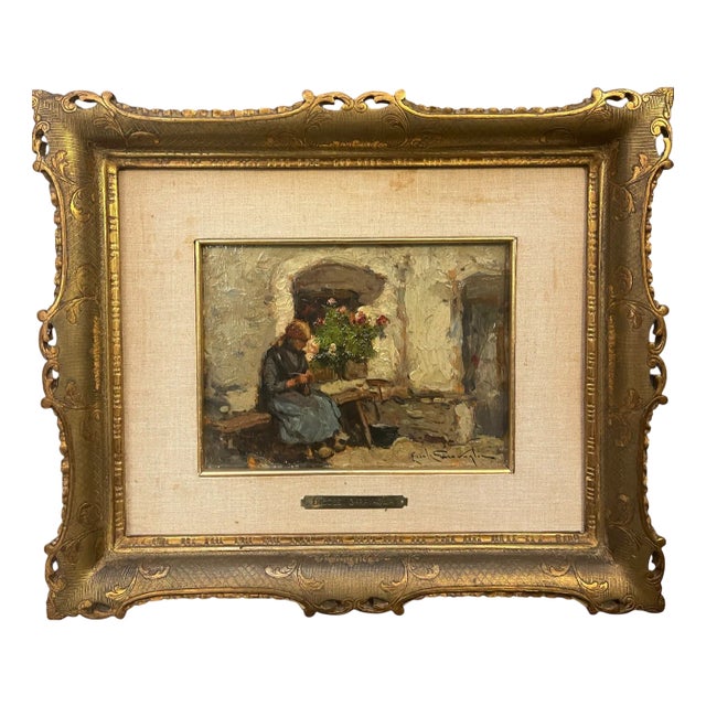 Ercole Garavaglia, Woman at Work, 1890s, Oil on Panel, Framed For Sale