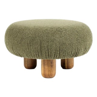 Custom Bolete Ottoman / Footstool — Turned Walnut Legs — Olive Bouclé For Sale