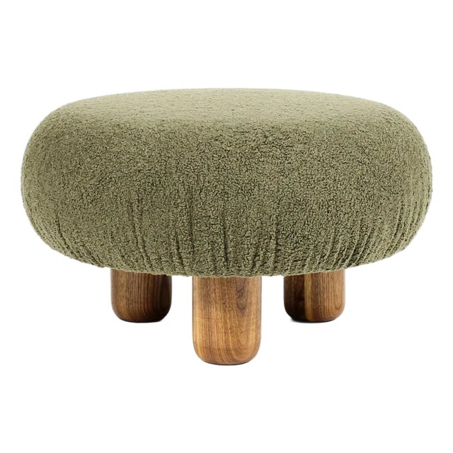 Custom Bolete Ottoman / Footstool — Turned Walnut Legs — Olive Bouclé For Sale