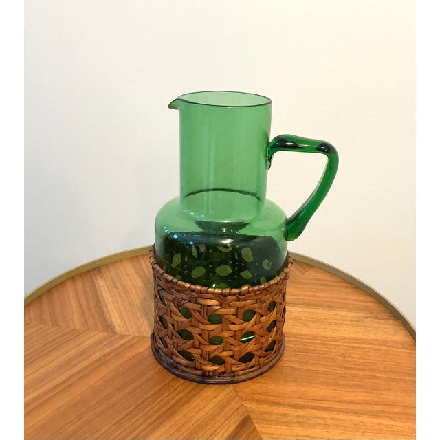 Mid-Century Modern Vintage Green Blown Glass Pitcher With Wicker Basket Wrap – Possibly Empol For Sale - Image 3 of 13