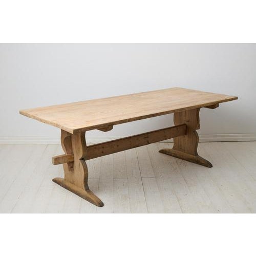 Wood Large Swedish Rustic Country Trestle Dining Table For Sale - Image 7 of 17