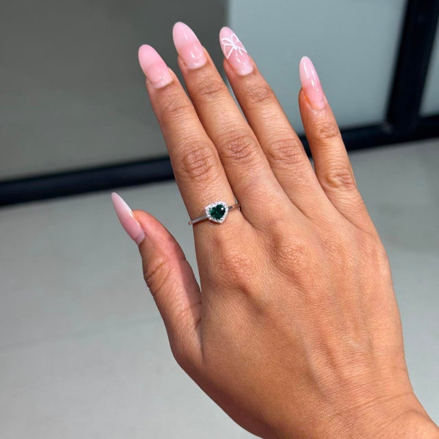 Not Yet Made - Made To Order Art Deco Heart Cut Emerald & Diamond Promise Ring Size 8 in 18k White Gold For Sale - Image 5 of 16