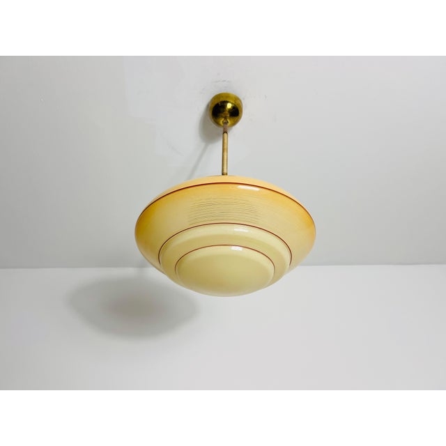 Metal Art Deco Glass and Brass Ceiling Lamp, 1930s, Germany For Sale - Image 7 of 10