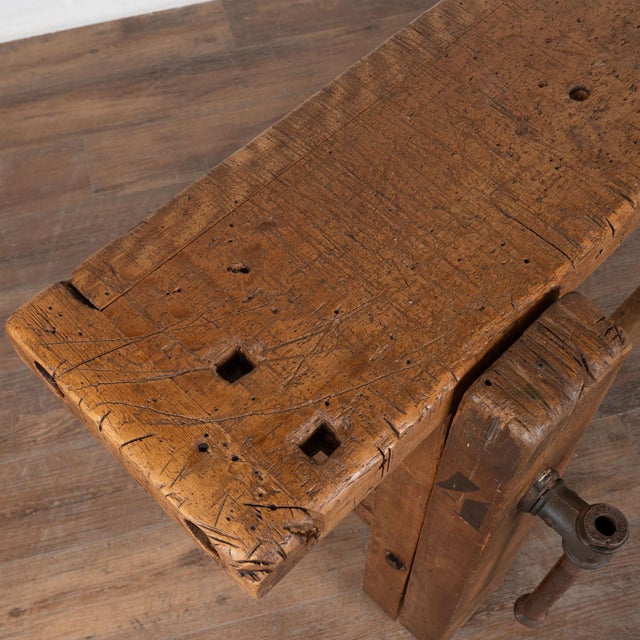 Late 19th Century Antique French Rustic Carpenter's Workbench Console Table For Sale - Image 5 of 18