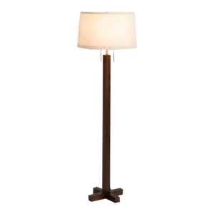 Swiss Cross Floor Lamp - Dark Walnut Wood Finish, Weathered Brass, White Linen Shade