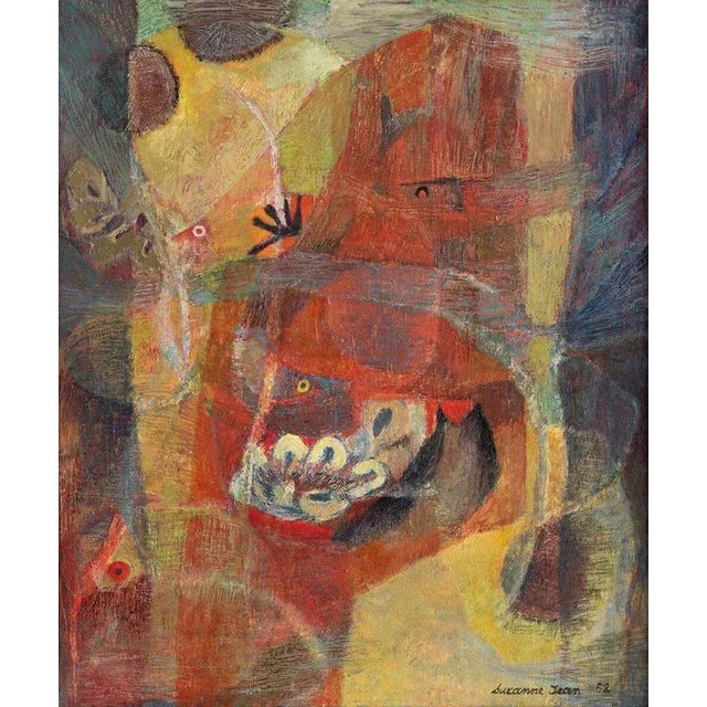 This captivating oil painting on canvas by French artist Suzanne Jean, titled Fonds Marins (Underwater) and dated 1952,...