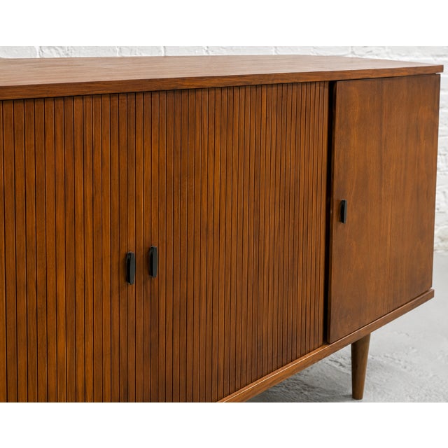 Brown Extra Long Mid Century Modern Tambour Door Garrard Cabinet | Walnut Credenza Sideboard, C. 1960’s For Sale - Image 8 of 13