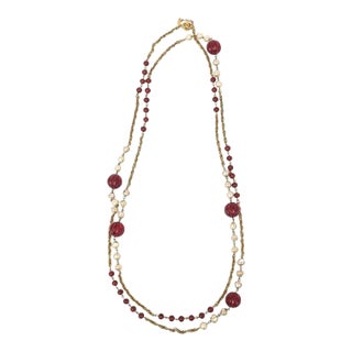 Chanel 1984 Long Sautoir Wrap Necklace With Red Gripoix Glass, Faux Pearls and Gold Links For Sale