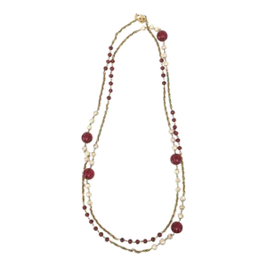 Chanel 1984 Long Sautoir Wrap Necklace With Red Gripoix Glass, Faux Pearls and Gold Links