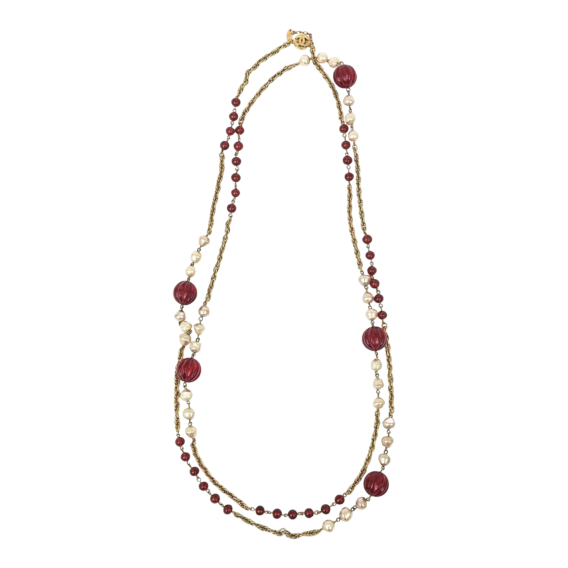 Chanel Long Sautoir Wrap Necklace With Red Gripoix Glass, Faux