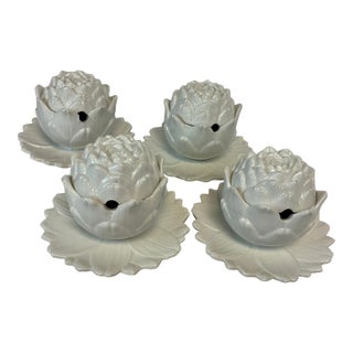 Mid-Century Italian Hollywood Regency Majolica Trompe L’Oeil Artichoke Bowls With Lids - Set of 4 For Sale