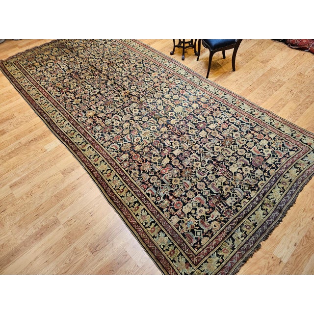 Art Nouveau Antique Karabagh Gallery Rug, Hand-Knotted Wool, Allover Geometric Pattern, Navy & Tan, 7' X 14' For Sale - Image 3 of 17