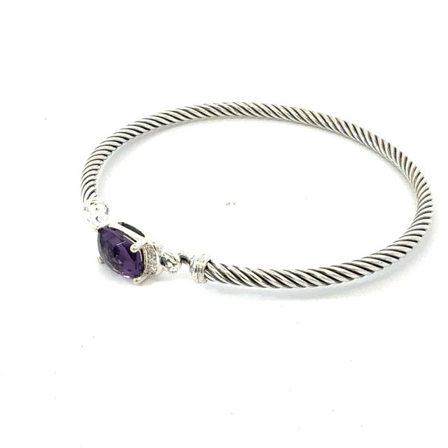 1990s David Yurman Diamond Amethyst Cuff Bracelet Size M 3 mm Sterling Silver Estate For Sale - Image 4 of 4