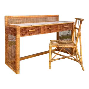 Late 20th Century Woven and Wrapped Rattan Writing Desk With Matching Desk Chair