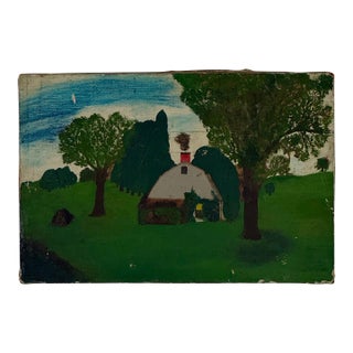Lovely Naive Folk Art Primitive Antique Painting of a White Cottage in a Rural Green Field Scene For Sale