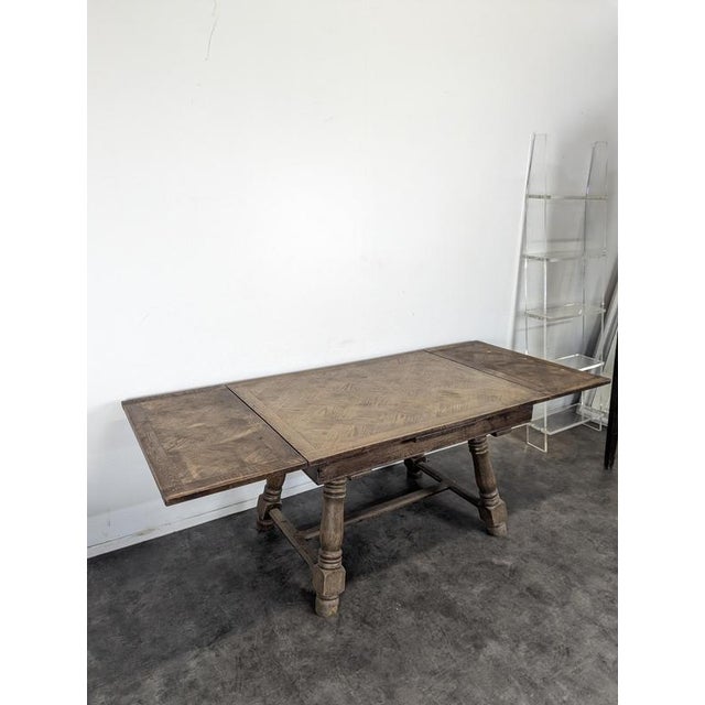 Wood Extendable Oak Table with Marquetry Top and Baluster Legs, 1940s For Sale - Image 7 of 8