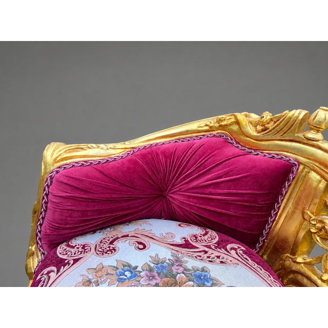 Late 20c French Louis XVI Red Velvet Gilt Beech Settee For Sale - Image 10 of 13