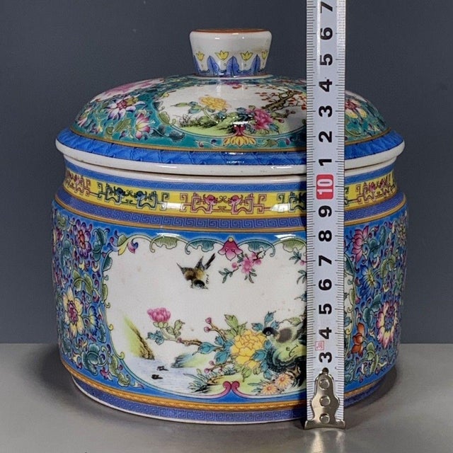 Chinese Blue Ground Famille Rose Porcelain Covered Jar With Bird & Floral Motif For Sale - Image 9 of 9