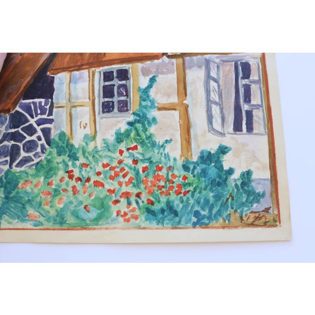 1950s 50s Swedish Mid-Century Folk Art Water Color Painting of a Traditional Thatched Roof Village House Cottage For Sale - Image 5 of 8