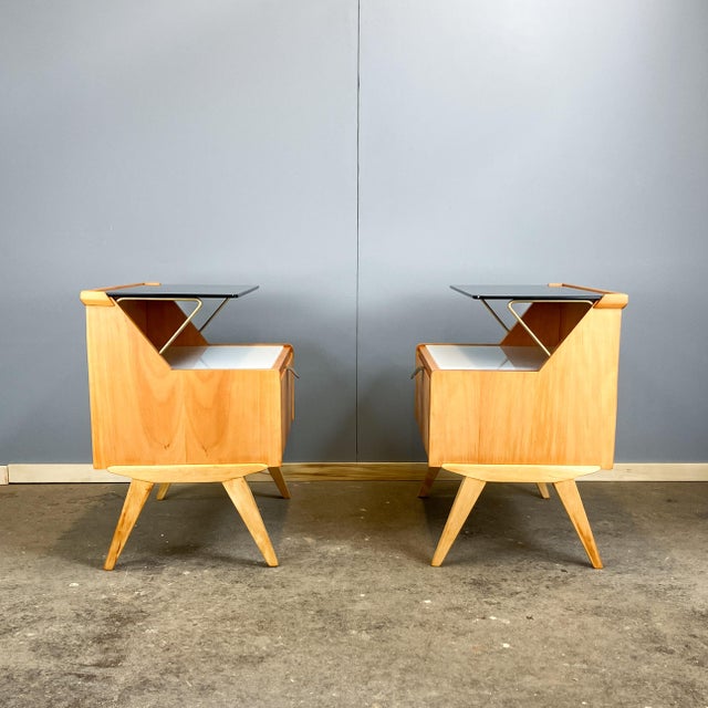 WK Möbel Pearwood Bedside Tables with Black and White Glass Tops from WK Möbel, 1950s, Set of 2 For Sale - Image 4 of 15