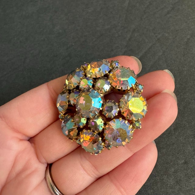 Mid-Century Modern Vintage Aurora Borealis Rhinestone Brooch Ab Crystal Pin Attributed to Weiss For Sale - Image 3 of 8