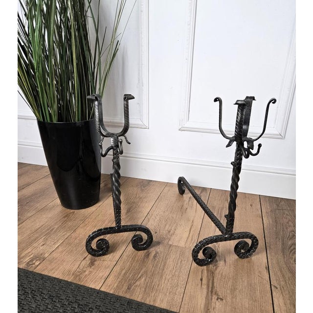 Antique wrought iron Italian andirons log holder, having two beautiful classic shapes with the great handmade craftmanship...