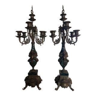 Pair of Early 20th Century Italian Empire Brevettato Bronze and Marble Candelabras For Sale