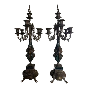 Pair of Early 20th Century Italian Empire Brevettato Bronze and Marble Candelabras