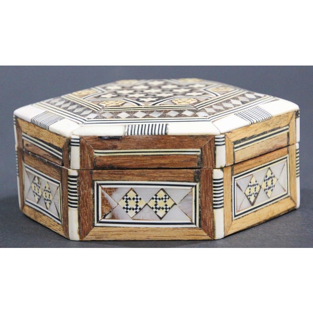 Wood Moorish Handcrafted Octagonal Box with White Mosaic Marquetry For Sale - Image 7 of 12