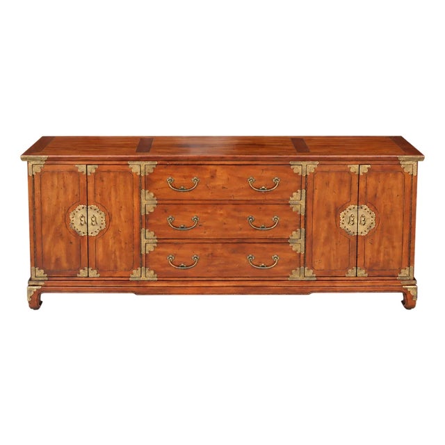 Vintage Henredon Asian-Style Brass-Mounted Wood Sideboard Credenza For Sale