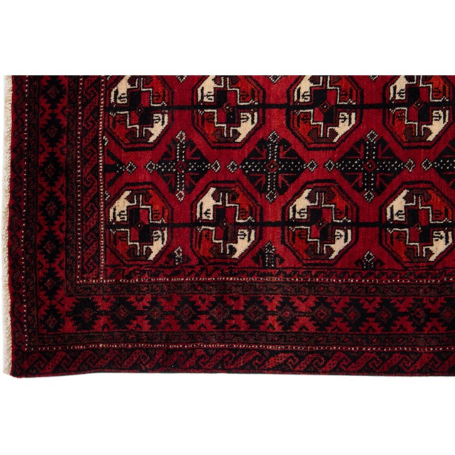 Persian 1920s Red Antique Handmade Persian Turkmen Wool Rug With Geometric Motif For Sale - Image 3 of 7