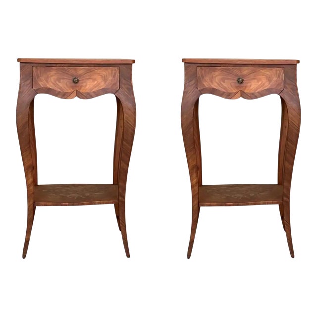 19th Century Style French Louis XV Marquetry Side Table or Nightstands, a Pair For Sale