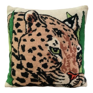Vintage Leopard Cheetah in Grass Needlepoint Pillow Handmade For Sale