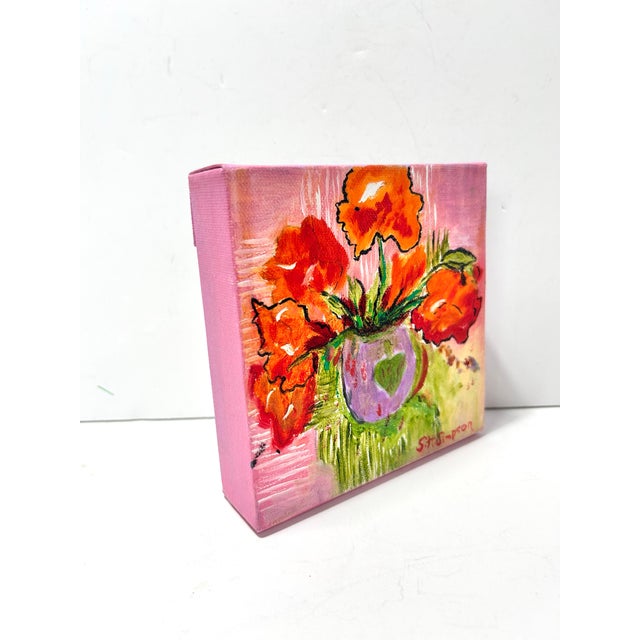 French Country Vintage Mini Floral Still Life Painting on Canvas – Bright Poppy Flowers, Pink Cottagecore Wall Art, Signed For Sale - Image 3 of 8