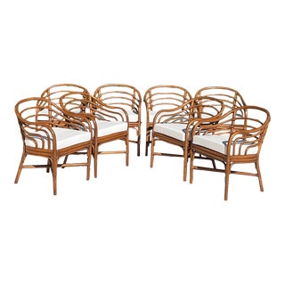 Vintage Brown Jordan Rattan Dining Chairs With New Sunbrella Cushions- Set of 8 For Sale