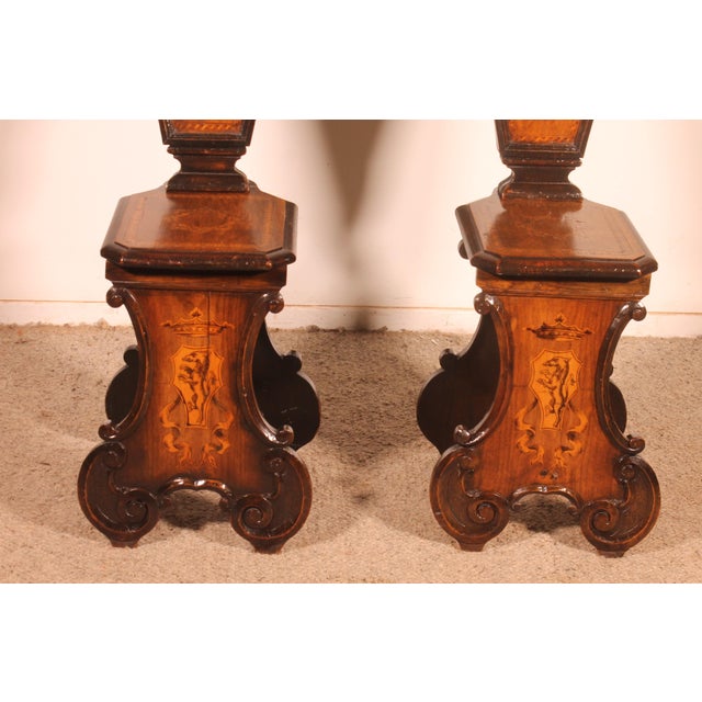 An elegant pair of 19th-century Sorrento walnut and marquetry step stools. A very beautiful set featuring wood that has...