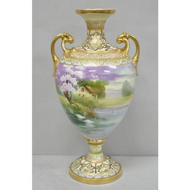 Antique Nippon Hand Painted Cottage Lake Porcelain Twin Handle Bolted Urn Vase For Sale - Image 17 of 17