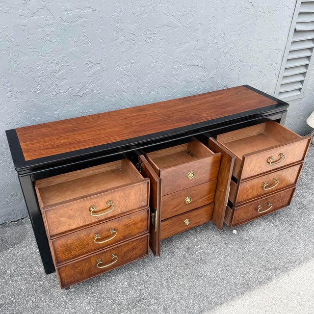 Wood Vintage Chinoiserie Burlwood and Black Dresser by Wayside For Sale - Image 7 of 8