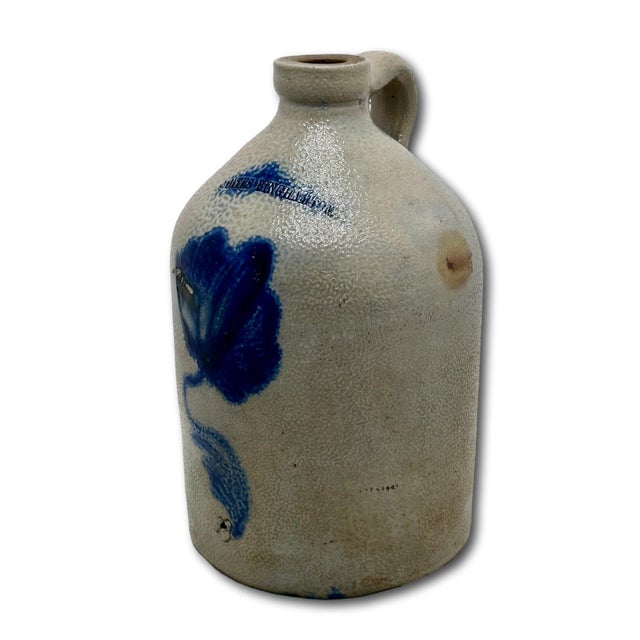 Nice Small 1 Gallon Size Antique American New York Stoneware Jug With Big Deep Blue Flower Decoration - Circa Mid 1800s For Sale - Image 4 of 18
