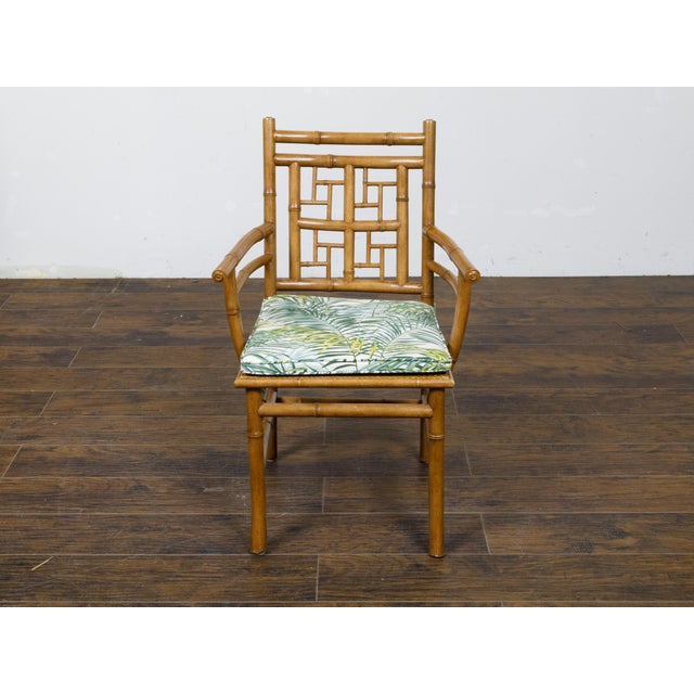 Set of Four Midcentury English Faux Bamboo Armchairs with Thin Cushions For Sale - Image 9 of 12
