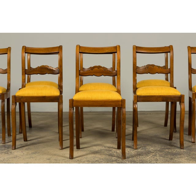 French Provincial Set of 10 Mid-19th C. French Louis Philippe Walnut Dining Chairs in Yellow Linen For Sale - Image 3 of 18